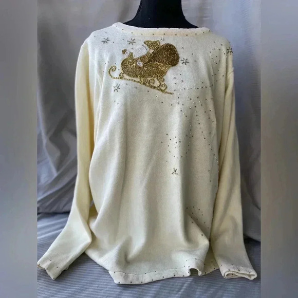 Quacker Factory Christmas Beaded Holiday Santa Sleigh Sweater L Gold Cream - Picture 1 of 9